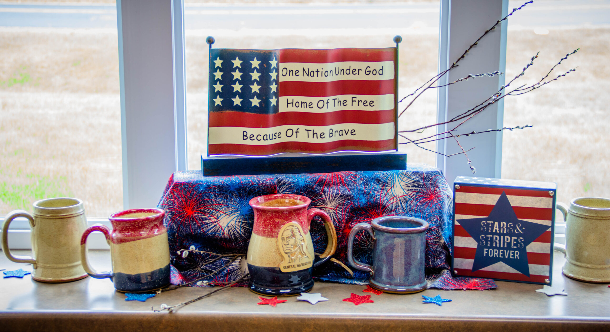 Patriotic display with stoneware mugs